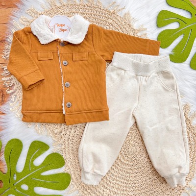 Conj. Casaco Canelado Cotele com Pelinho e Calça de Linho - Ferrugem